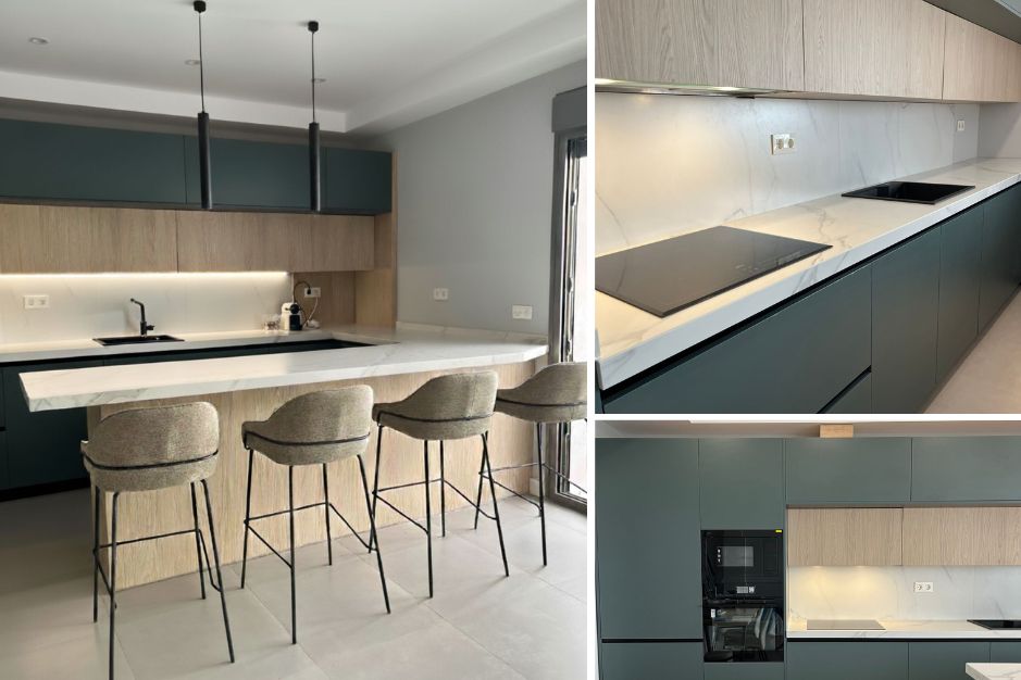diseño de cocina con peninsula inspiracion DK Cocina Integral Studio Interiorismo DK Grupo diseño de interiores fabricacion muebles Marbella Jaén Málaga